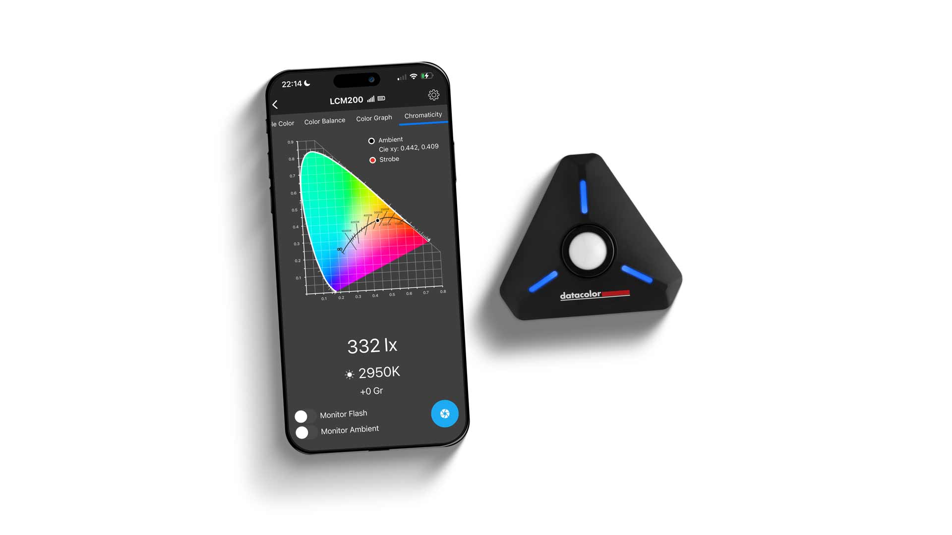 Datacolor LightColor Meter Smartphone on flat surface with device